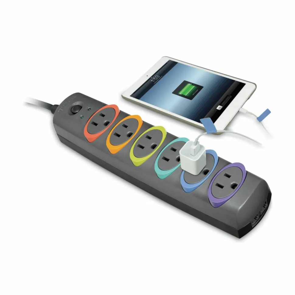 Kensington SmartSockets Color-Coded Strip Surge Protector, 6 AC Outlets, 7 ft Cord, 945 J, Black