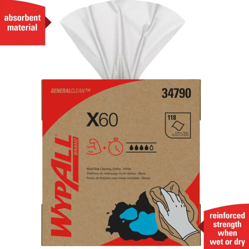 Kimberly-Clark Professional Wipers WypAll X60 Pop-Up Box, 9 1/10" x 16 4/5", Box Of 118