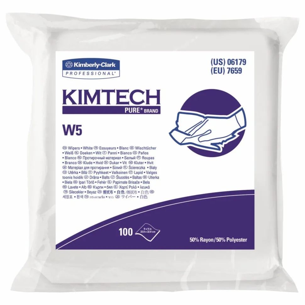 Kimtech W5 Critical Task Dry Wipers, Flat Double Bag, Spunlace, 9 x 9, Unscented, White, 100/Pack, 5 Packs/Carton