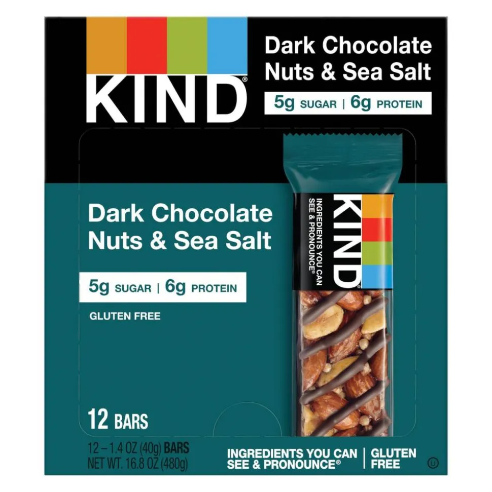 KIND Dark Chocolate, Nuts & Sea Salt Bars, 1.41 Oz, Box Of 12