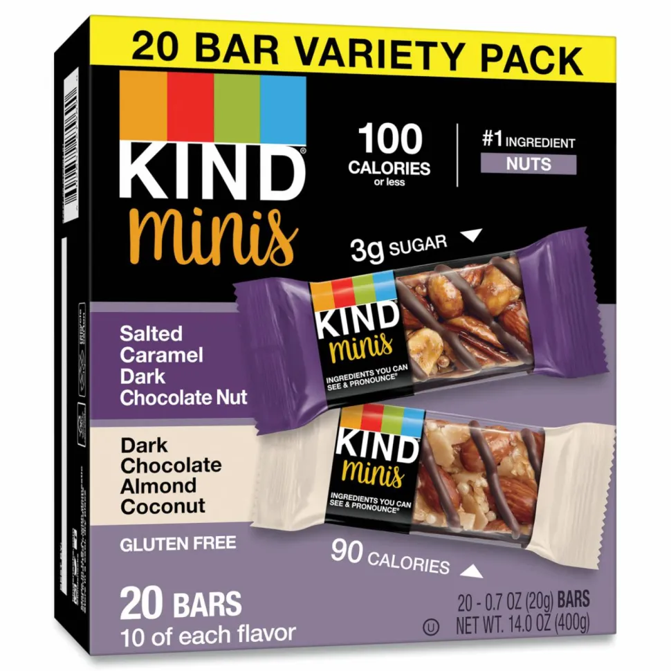 KIND Minis, Salted Caramel and Dark Chocolate Nut/Dark Chocolate Almond and Coconut, 0.7 oz, 20/Pack