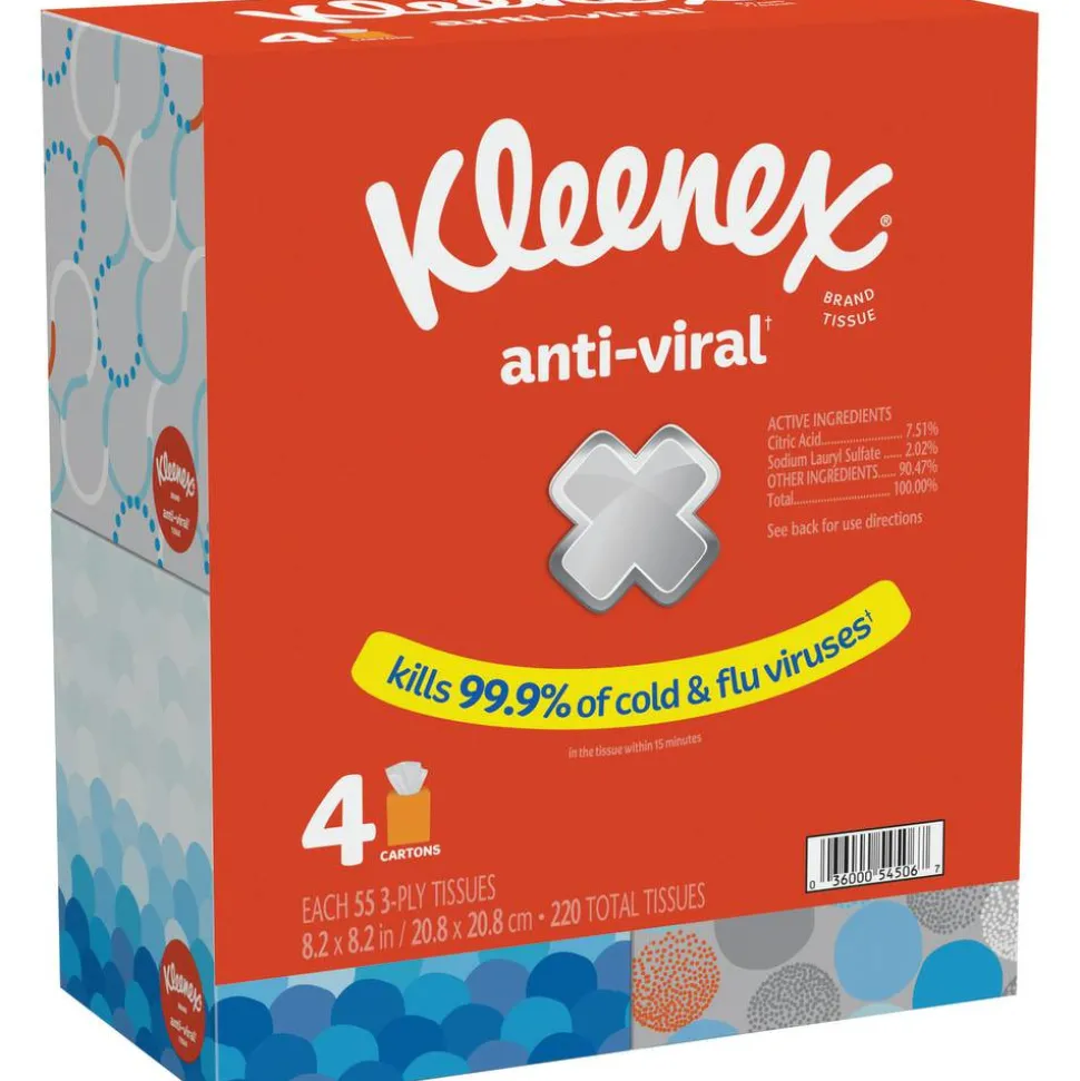 Kleenex Anti-Viral 3-Ply Facial Tissues, White, 55 Tissues Per Box, Pack Of 4 Boxes