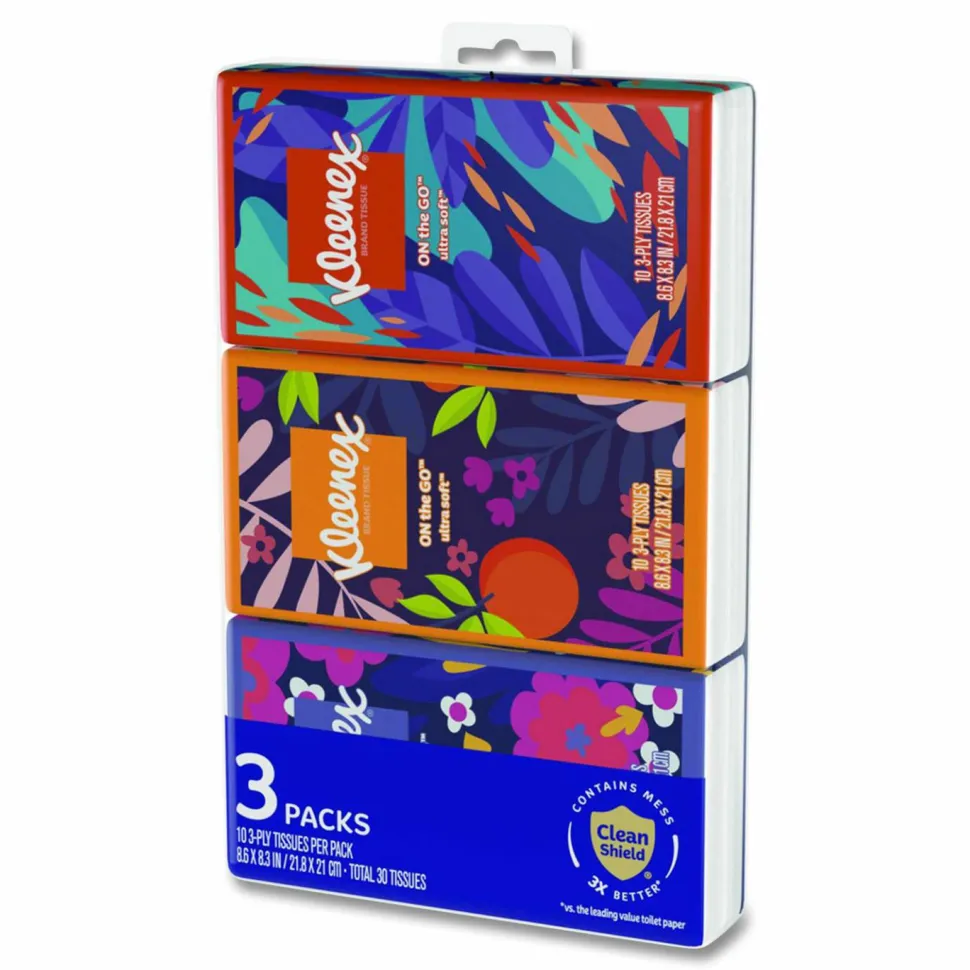 Kleenex On The Go Packs Facial Tissues, 3-Ply, White, 10 Sheets/Pouch, 3 Pouches/Pack, 36 Packs/Carton
