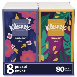 Kleenex On The Go Packs Facial Tissues, 3-Ply, White, 10 Sheets/Pouch, 8 Pouches/Pack