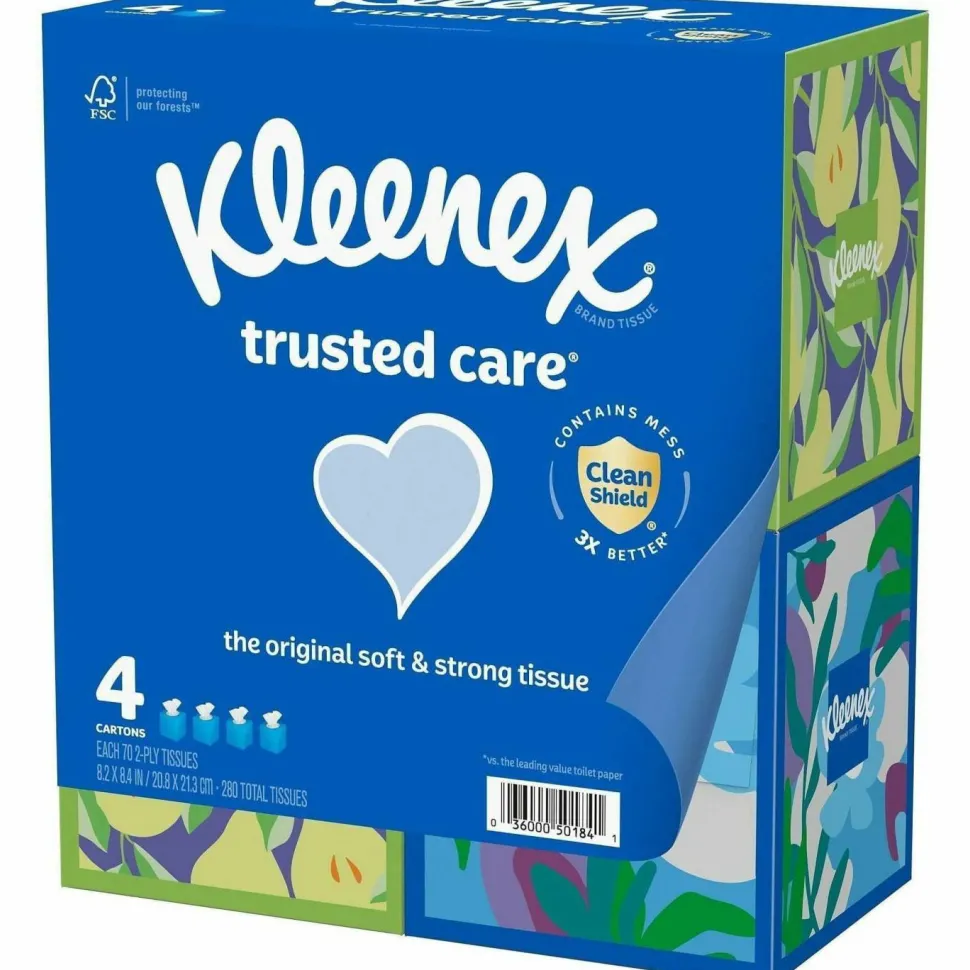 Kleenex Trusted Care 2-Ply Facial Tissues, White, 70 Tissues Per Box, Pack Of 4