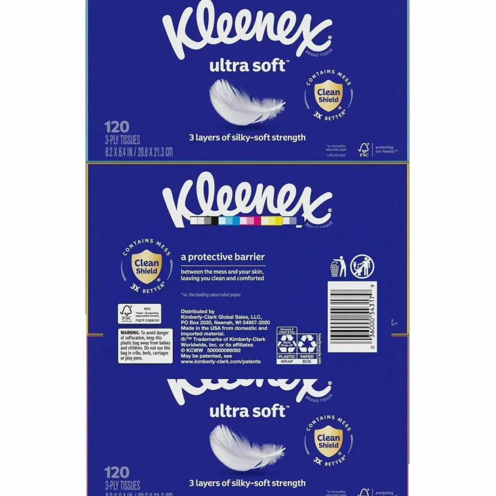 Kleenex Ultra Soft Facial Tissue, 3-Ply, White, 120/Box, 6 Boxes/Pack, 4 Packs/Carton