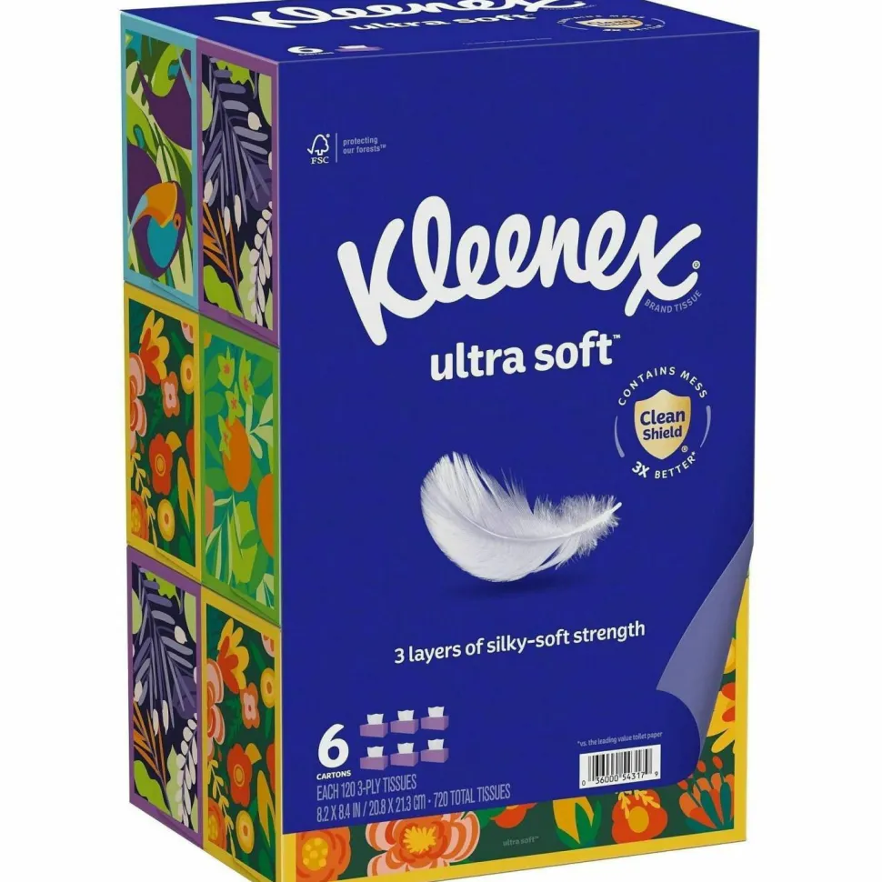 Kleenex Ultra Soft Facial Tissue, 3-Ply, White, 120/Box, 6 Boxes/Pack, 4 Packs/Carton