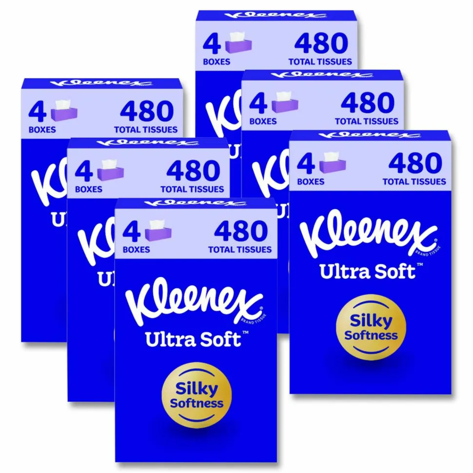 Kleenex Ultra Soft Facial Tissue, 3-Ply, White, 120 Sheets/Box, 4 Boxes/Pack, 6 Packs/Carton