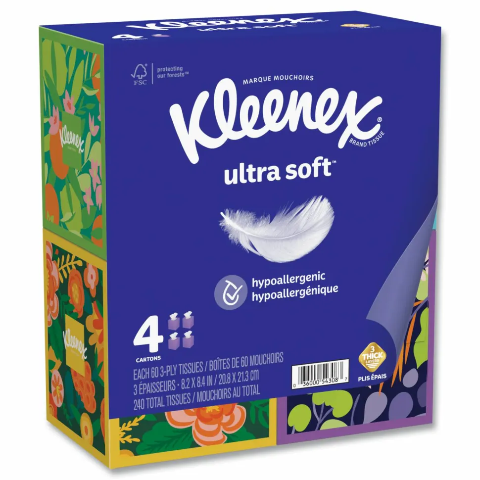 Kleenex Ultra Soft Facial Tissue, 3-Ply, White, 60 Sheets/Box, 4 Boxes/Pack, 12 Packs/Carton