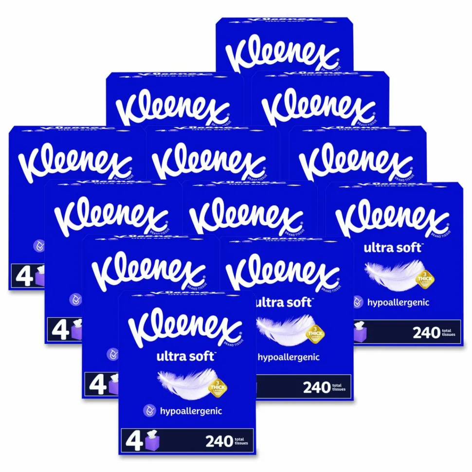 Kleenex Ultra Soft Facial Tissue, 3-Ply, White, 60 Sheets/Box, 4 Boxes/Pack, 12 Packs/Carton