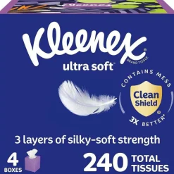 Kleenex Ultra Soft Facial Tissue, 3-Ply, White, 60 Sheets/Box, 4 Boxes/Pack, 3 Packs/Carton