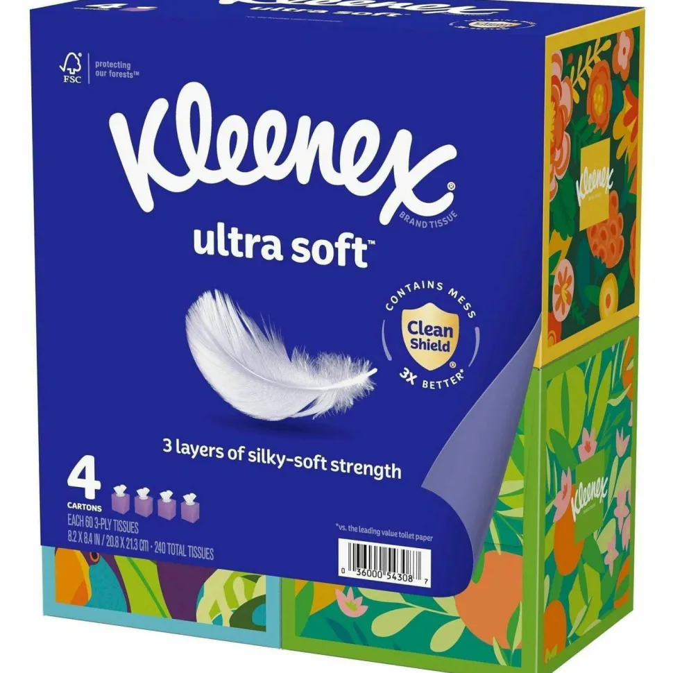Kleenex Ultra Soft Facial Tissue, 3-Ply, White, 60 Sheets/Box, 4 Boxes/Pack, 3 Packs/Carton