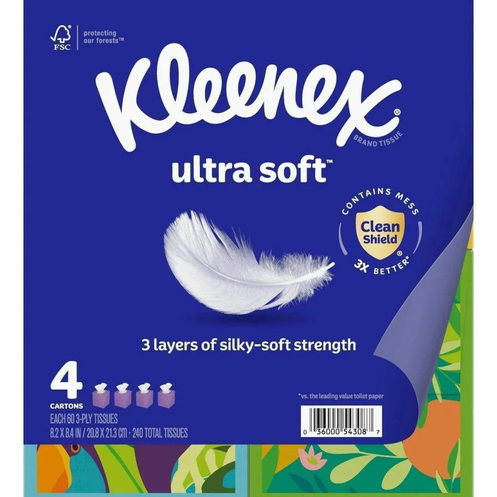 Kleenex Ultra Soft Facial Tissue, 3-Ply, White, 60 Sheets/Box, 4 Boxes/Pack, 3 Packs/Carton