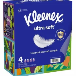 Kleenex Ultra Soft Facial Tissue, 3-Ply, White, 60 Sheets/Box, 4 Boxes/Pack, 3 Packs/Carton
