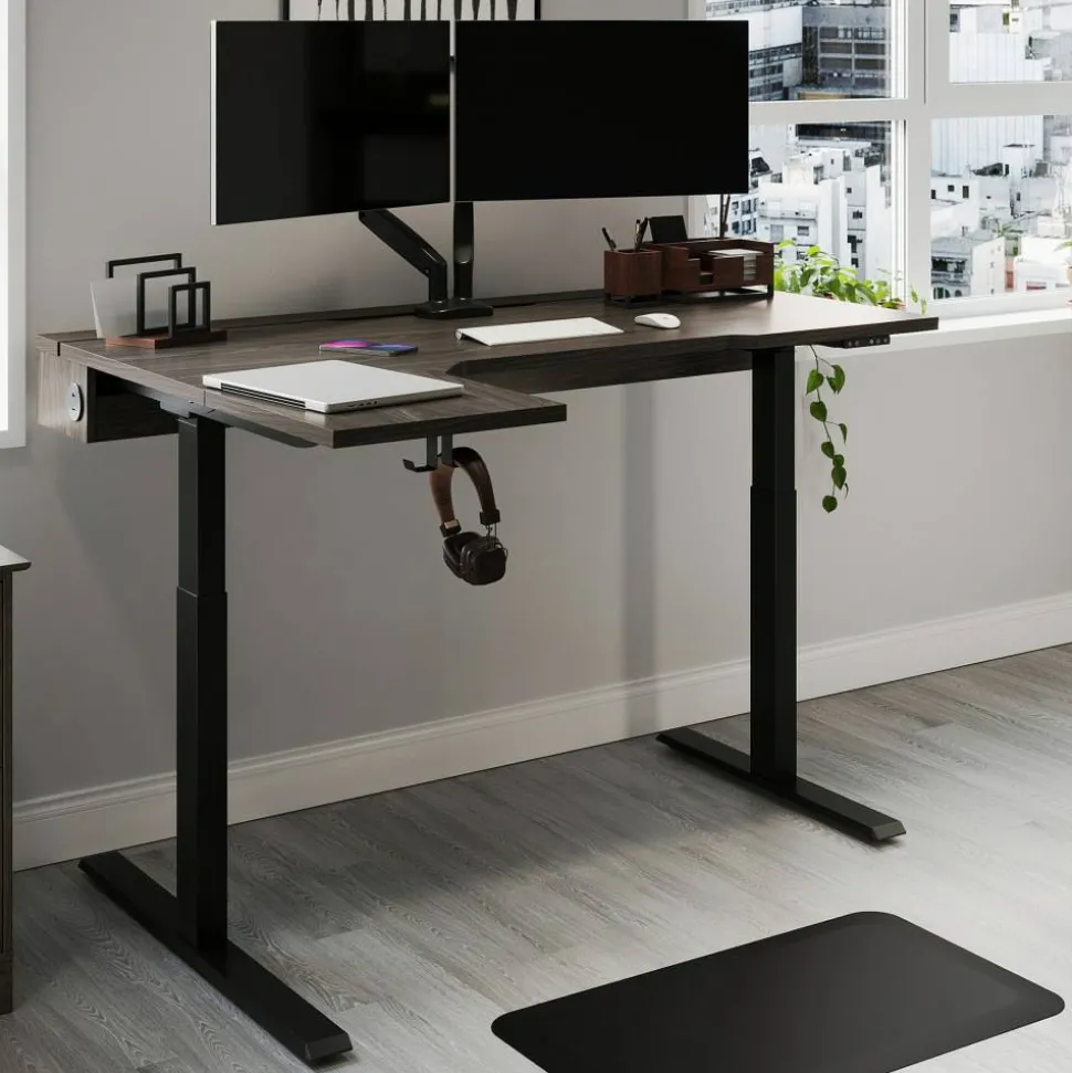 Koru Electric 59"W L-Shaped Height-Adjustable Standing Desk with Integrated Power & Charging, Espresso Oak