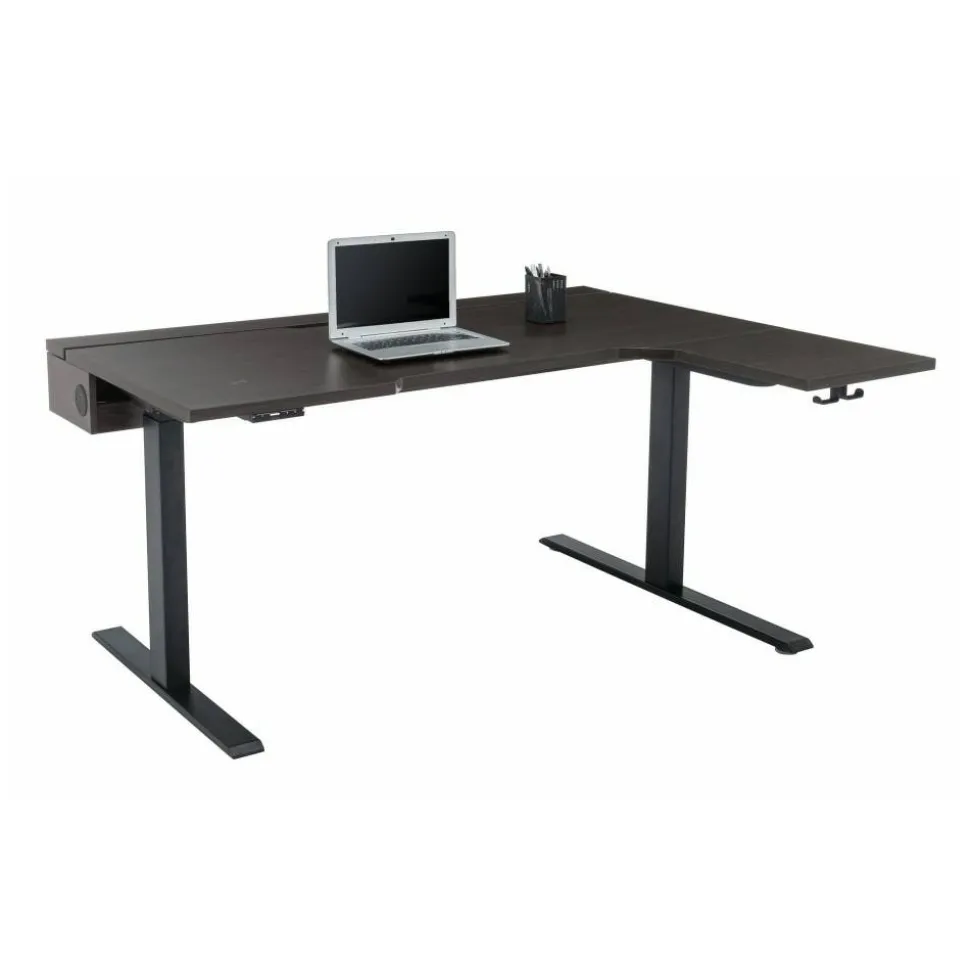 Koru Electric 59"W L-Shaped Height-Adjustable Standing Desk with Integrated Power & Charging, Espresso Oak