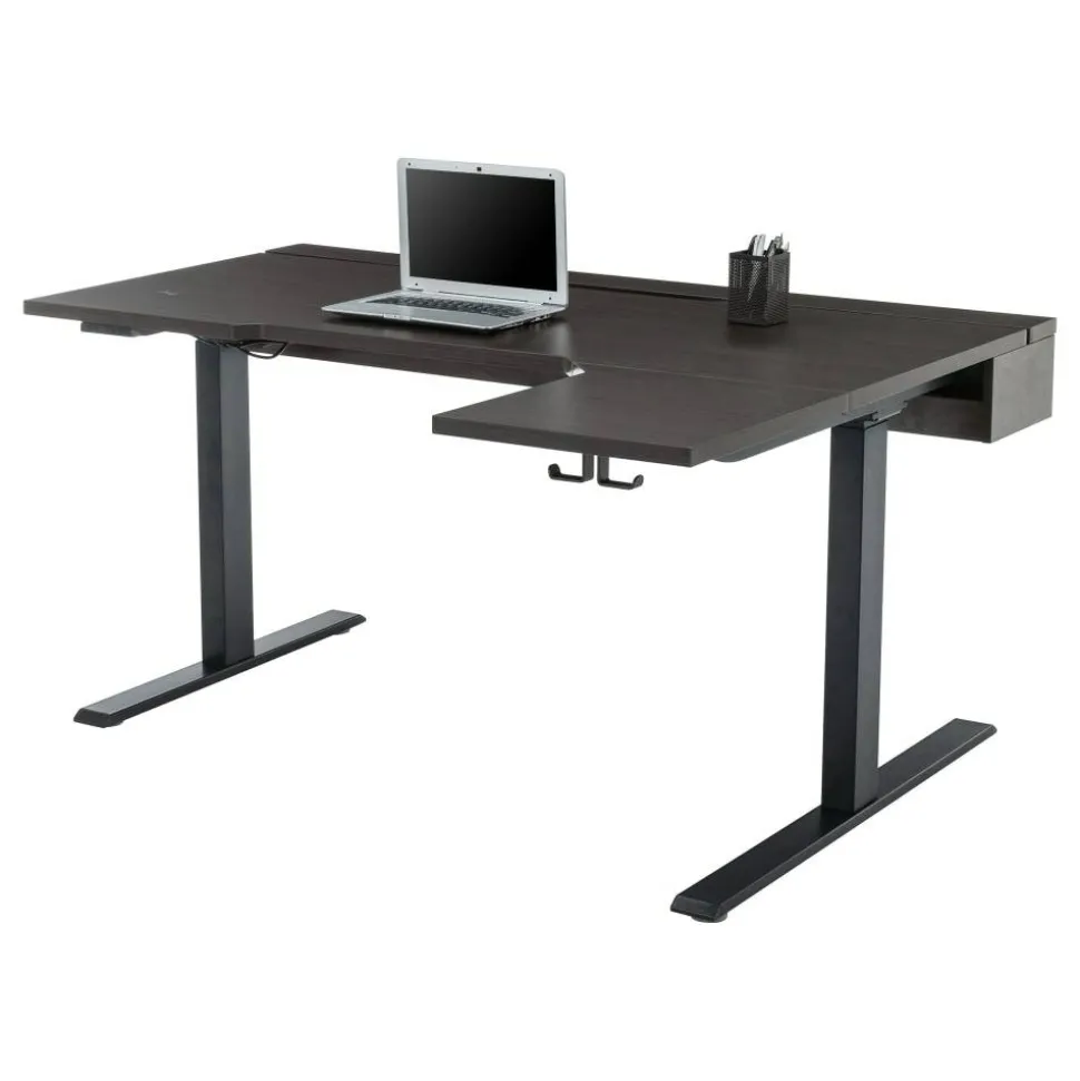 Koru Electric 59"W L-Shaped Height-Adjustable Standing Desk with Integrated Power & Charging, Espresso Oak