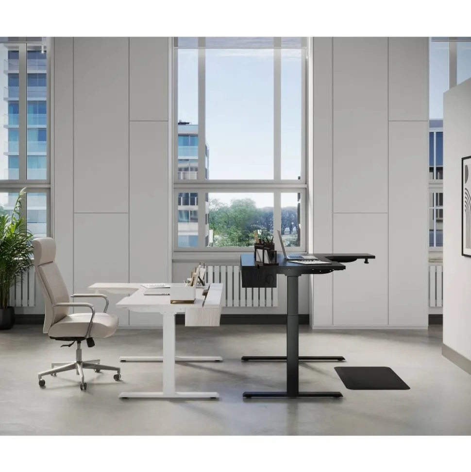 Koru Electric 59"W L-Shaped Height-Adjustable Standing Desk with Integrated Power & Charging, Espresso Oak
