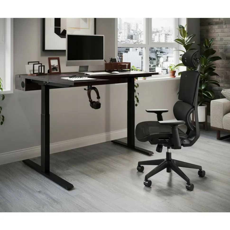 Koru Electric 59"W L-Shaped Height-Adjustable Standing Desk with Integrated Power & Charging, Espresso Oak