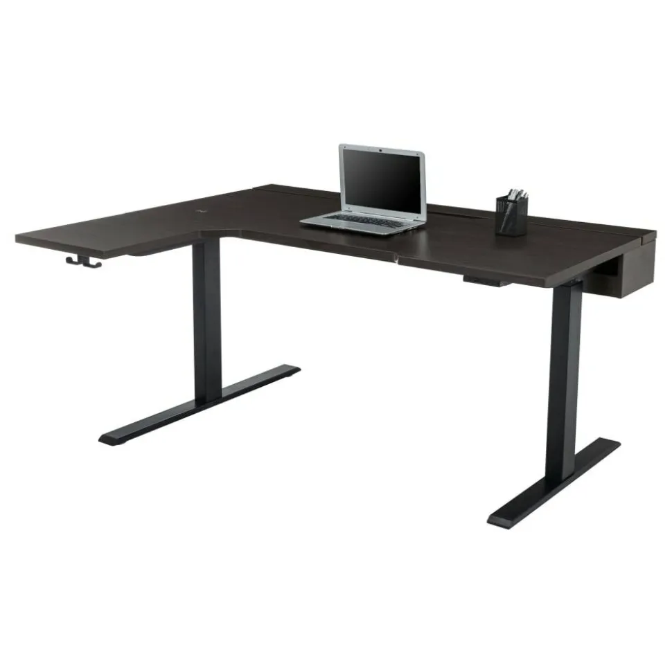 Koru Electric 59"W L-Shaped Height-Adjustable Standing Desk with Integrated Power & Charging, Espresso Oak