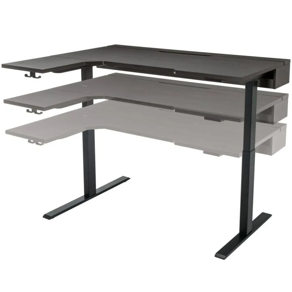 Koru Electric 59"W L-Shaped Height-Adjustable Standing Desk with Integrated Power & Charging, Espresso Oak