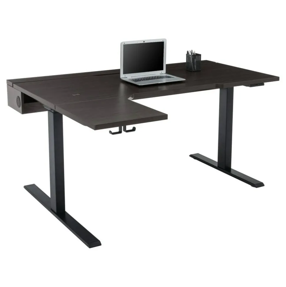 Koru Electric 59"W L-Shaped Height-Adjustable Standing Desk with Integrated Power & Charging, Espresso Oak