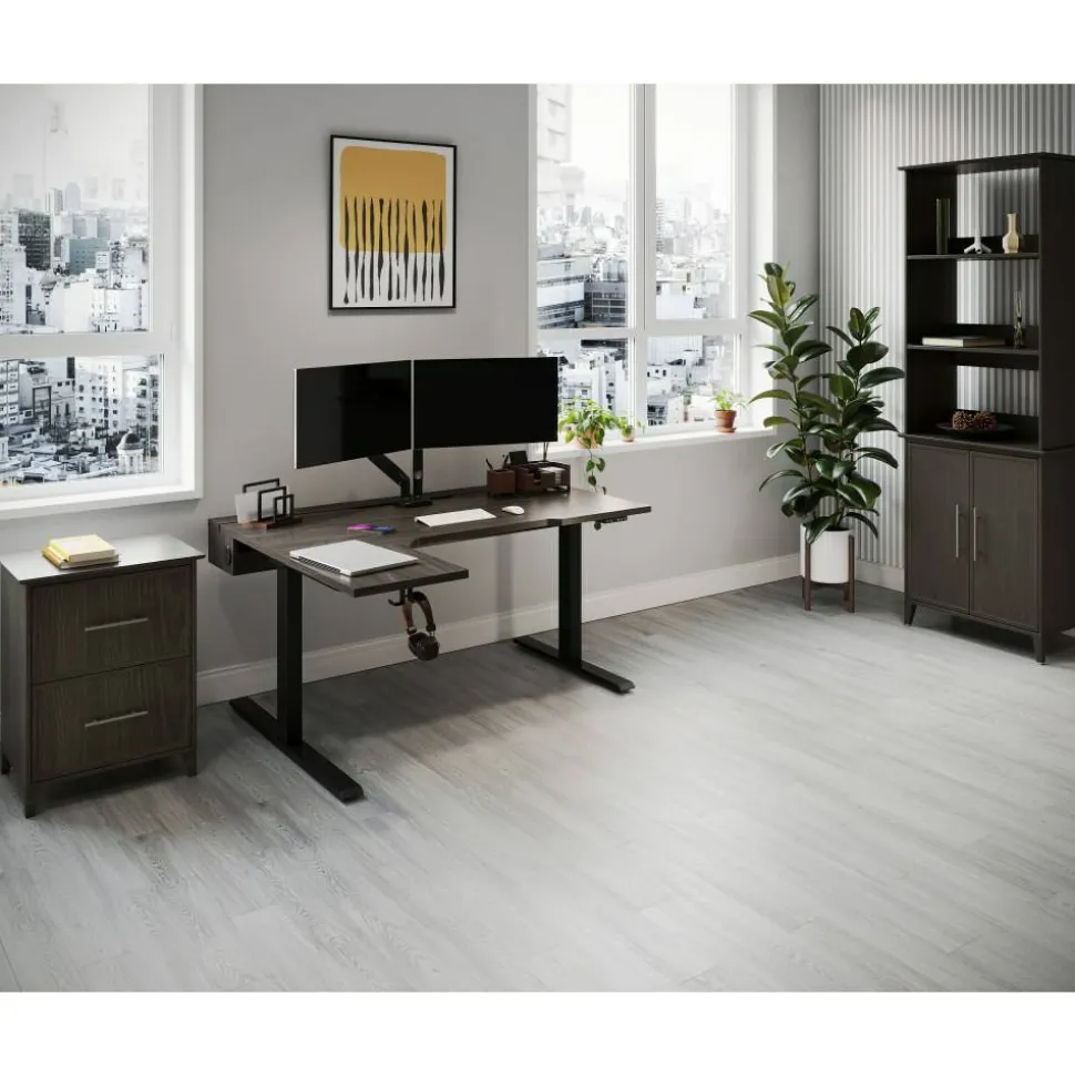 Koru Electric 59"W L-Shaped Height-Adjustable Standing Desk with Integrated Power & Charging, Espresso Oak