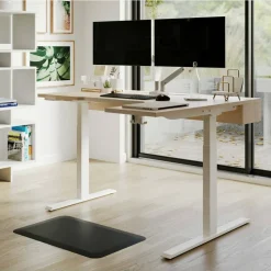 Koru Electric 59"W L-Shaped Height-Adjustable Standing Desk with Integrated Power & Charging, Natural Oak