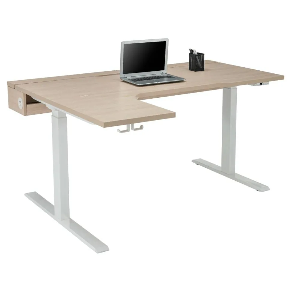 Koru Electric 59"W L-Shaped Height-Adjustable Standing Desk with Integrated Power & Charging, Natural Oak