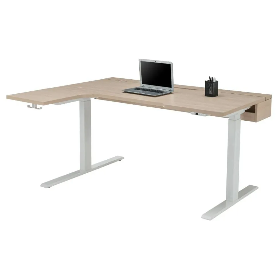 Koru Electric 59"W L-Shaped Height-Adjustable Standing Desk with Integrated Power & Charging, Natural Oak
