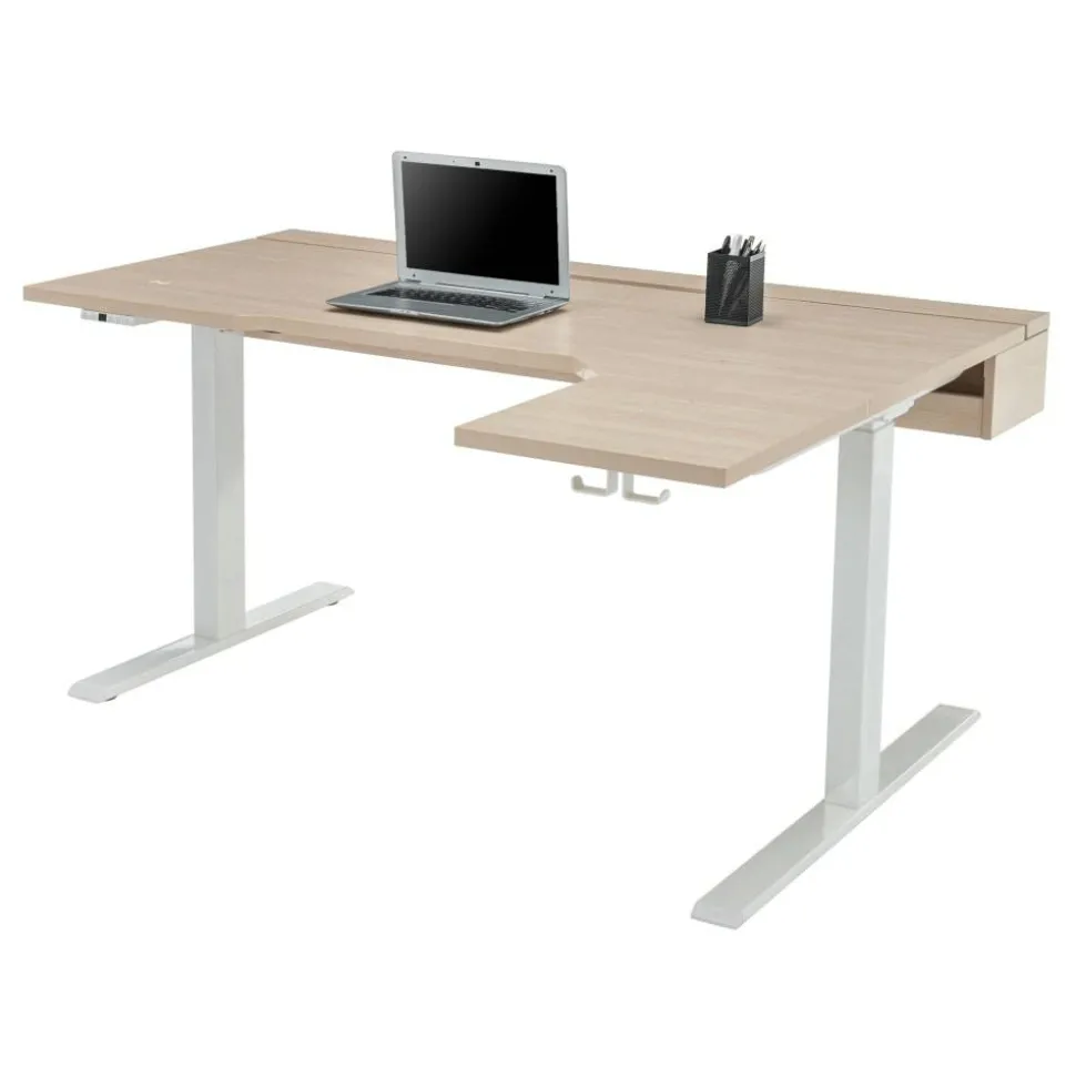 Koru Electric 59"W L-Shaped Height-Adjustable Standing Desk with Integrated Power & Charging, Natural Oak