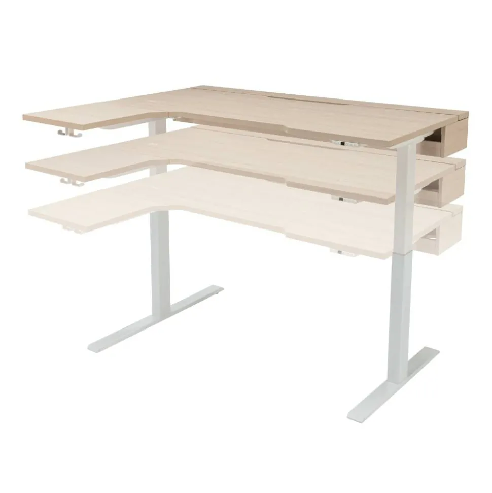 Koru Electric 59"W L-Shaped Height-Adjustable Standing Desk with Integrated Power & Charging, Natural Oak