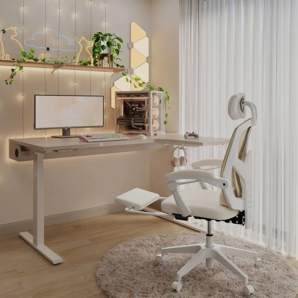 Koru Electric 59"W L-Shaped Height-Adjustable Standing Desk with Integrated Power & Charging, Natural Oak