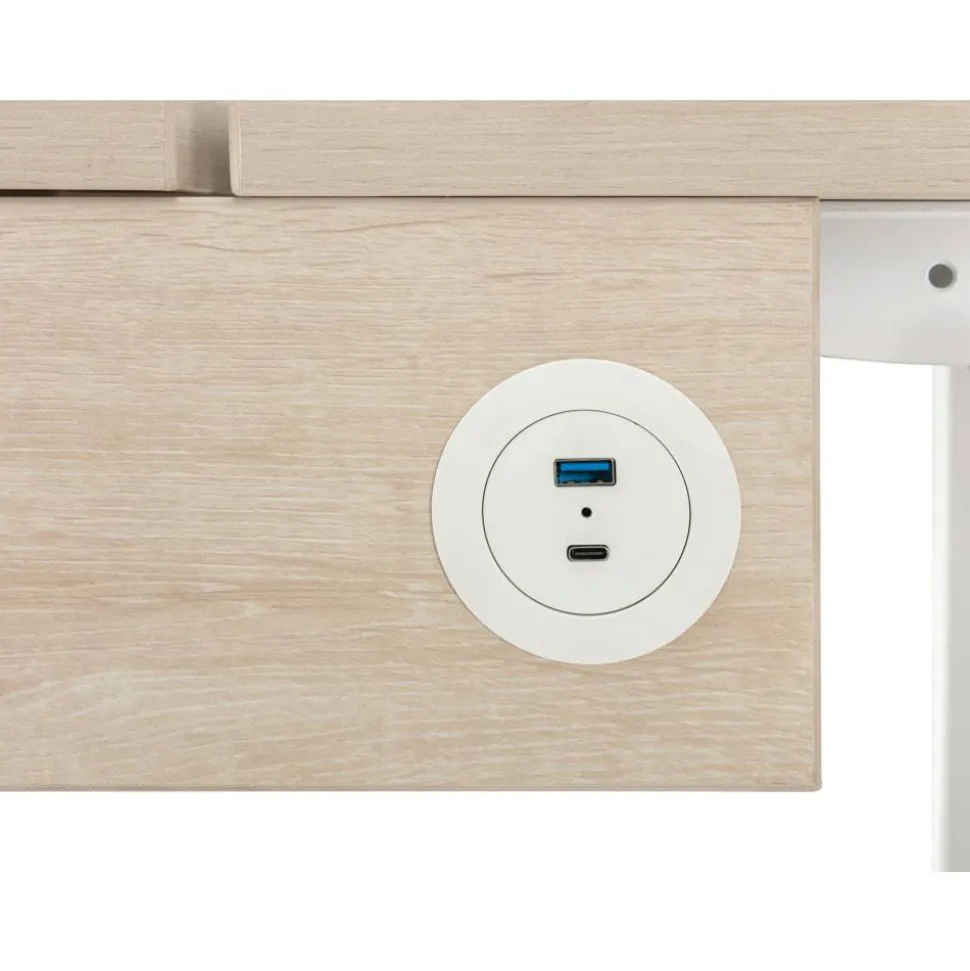 Koru Electric 59"W L-Shaped Height-Adjustable Standing Desk with Integrated Power & Charging, Natural Oak