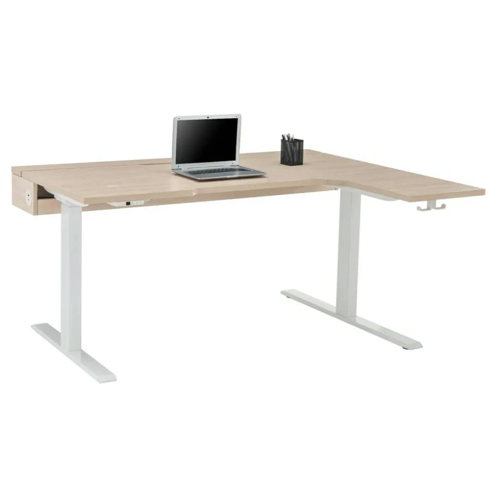 Koru Electric 59"W L-Shaped Height-Adjustable Standing Desk with Integrated Power & Charging, Natural Oak