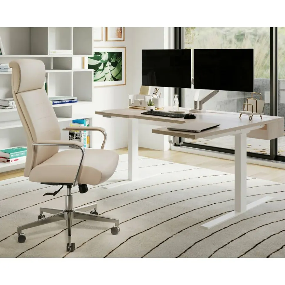 Koru Electric 59"W L-Shaped Height-Adjustable Standing Desk with Integrated Power & Charging, Natural Oak