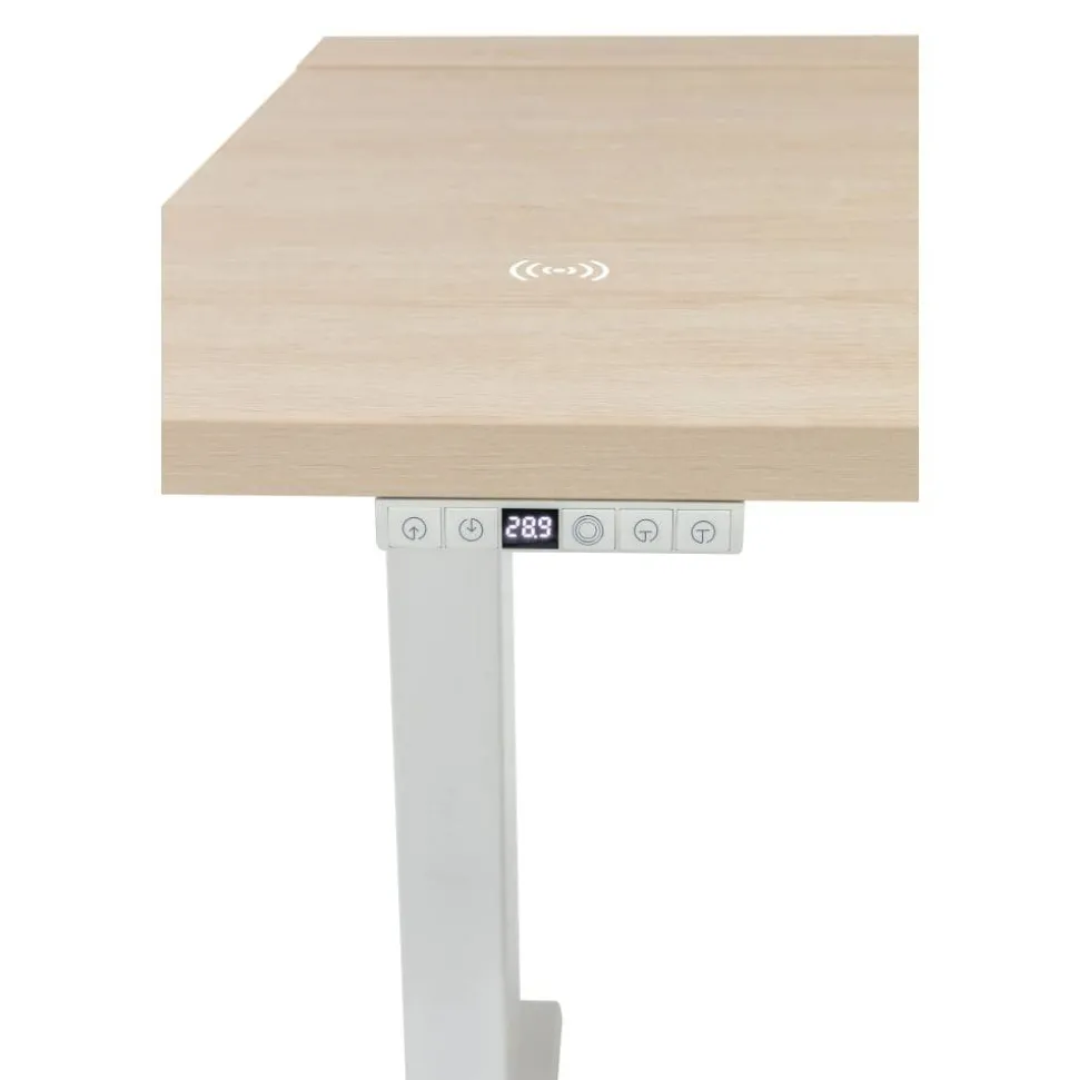 Koru Electric 59"W L-Shaped Height-Adjustable Standing Desk with Integrated Power & Charging, Natural Oak