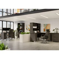 Koru 72"H 3-Shelf Bookcase With Printer Shelf & File Storage, Two-Tone Slate/Gray Oak, BIFMA Compliant