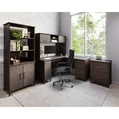 Koru 72"H 3-Shelf Bookcase With Printer Shelf & File Storage, Espresso Oak