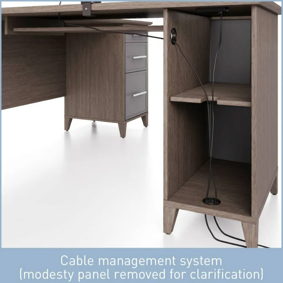 Koru 60"W L-Shaped Corner Computer Desk With Integrated Power & Charging, Two-Tone Slate/Gray Oak, BIFMA Compliant