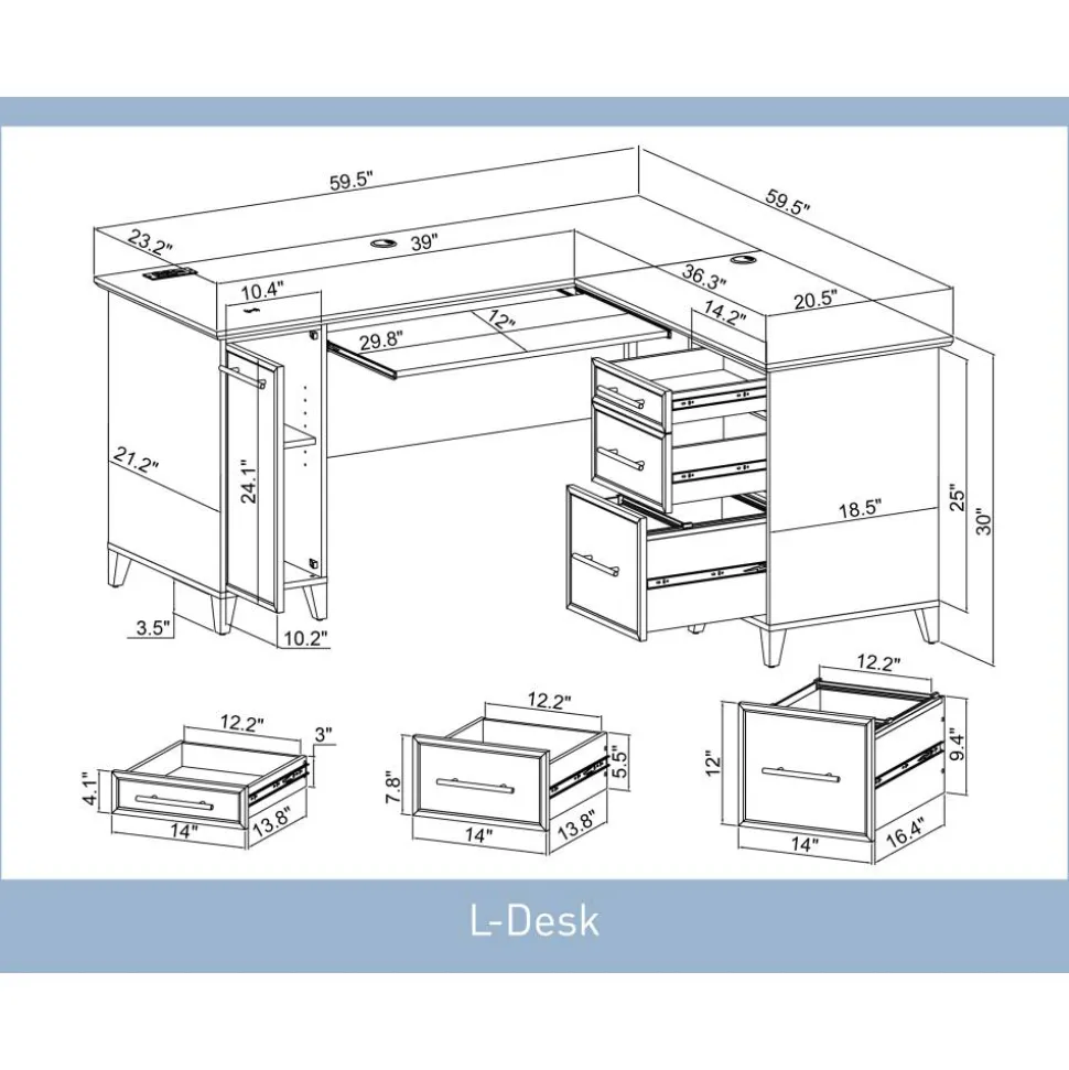 Koru 60"W L-Shaped Corner Computer Desk With Integrated Power & Charging, Two-Tone Slate/Gray Oak, BIFMA Compliant