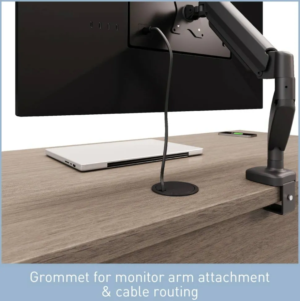 Koru 60"W L-Shaped Corner Computer Desk With Integrated Power & Charging, Two-Tone Slate/Gray Oak, BIFMA Compliant