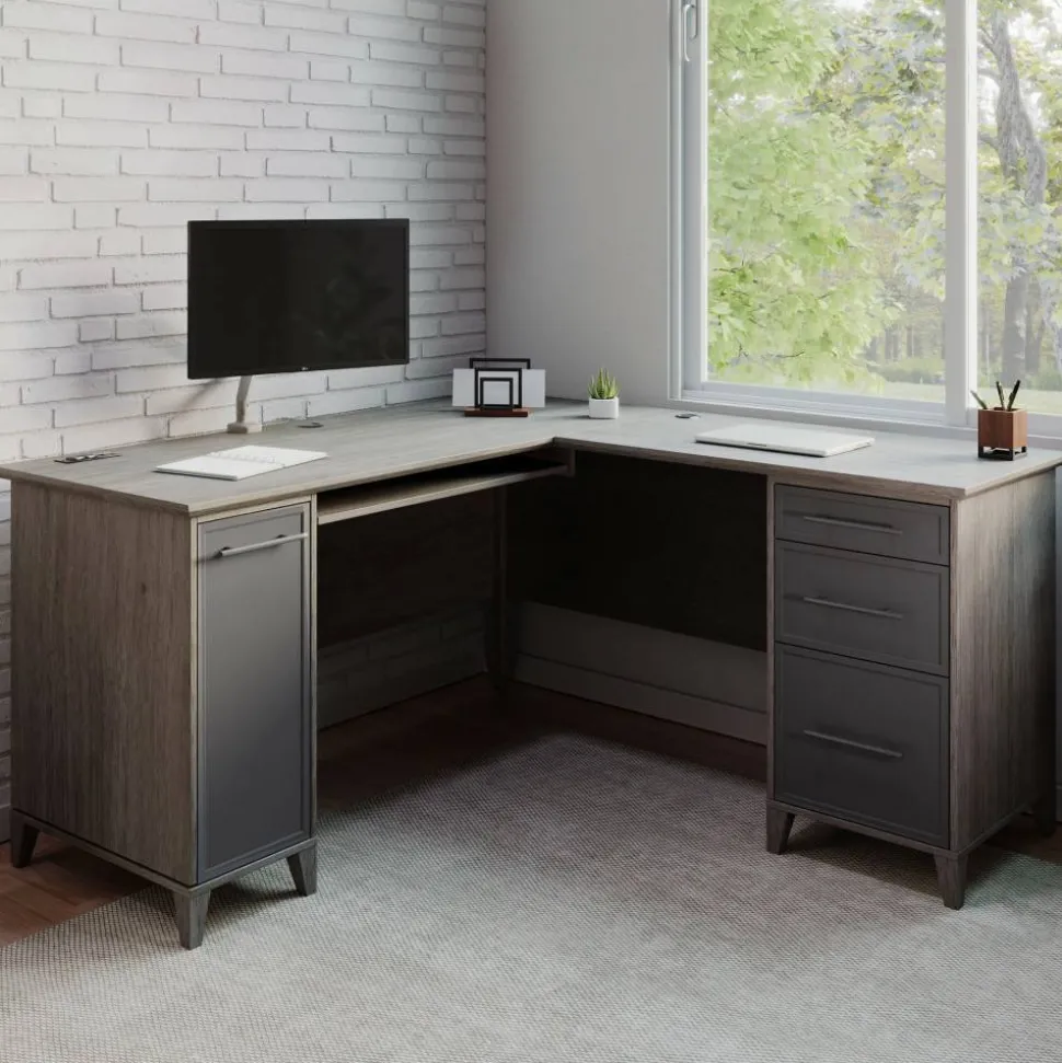 Koru 60"W L-Shaped Corner Computer Desk With Integrated Power & Charging, Two-Tone Slate/Gray Oak, BIFMA Compliant