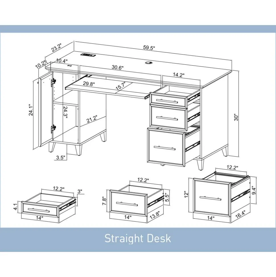 Koru 60"W Straight Computer Desk With Integrated Power & Charging, Two-Tone Slate/Gray Oak, BIFMA Compliant