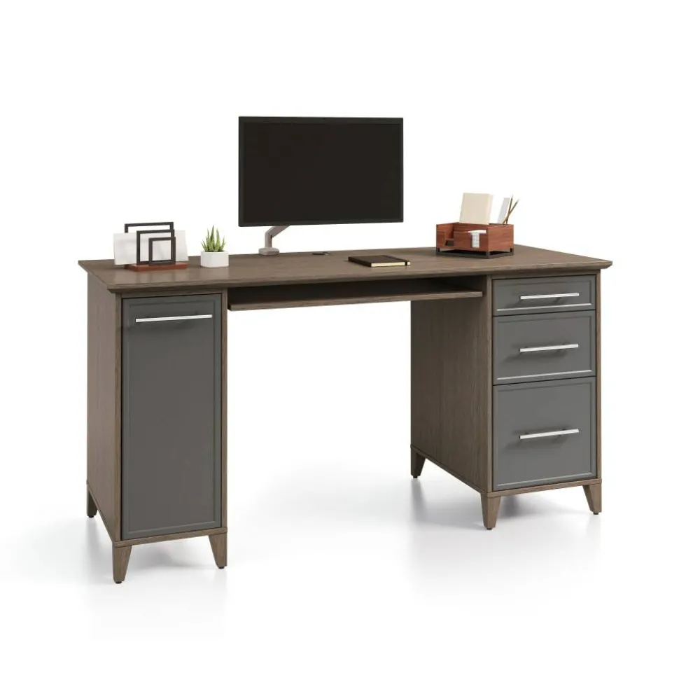 Koru 60"W Straight Computer Desk With Integrated Power & Charging, Two-Tone Slate/Gray Oak, BIFMA Compliant