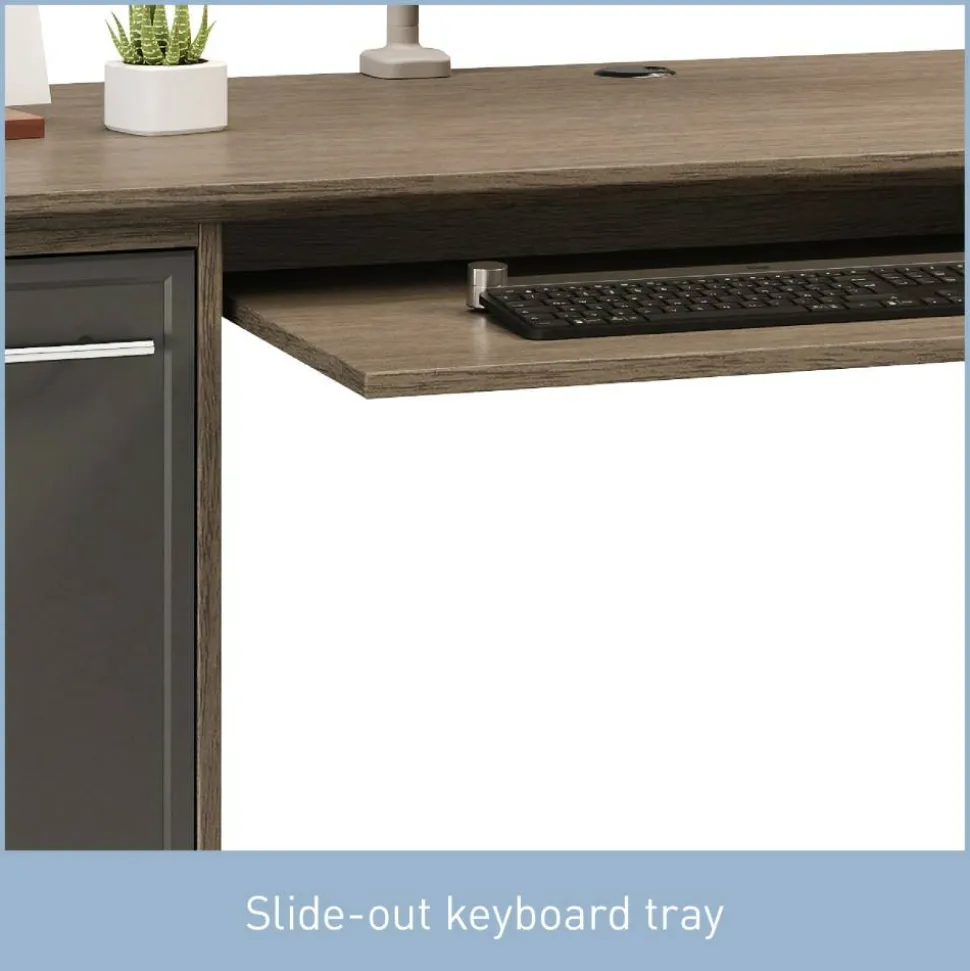 Koru 60"W Straight Computer Desk With Integrated Power & Charging, Two-Tone Slate/Gray Oak, BIFMA Compliant