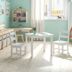 Kyndl Kids Solid Hardwood Table and Chair Set for Playroom, Bedroom, Kitchen - 3 Piece Set - White
