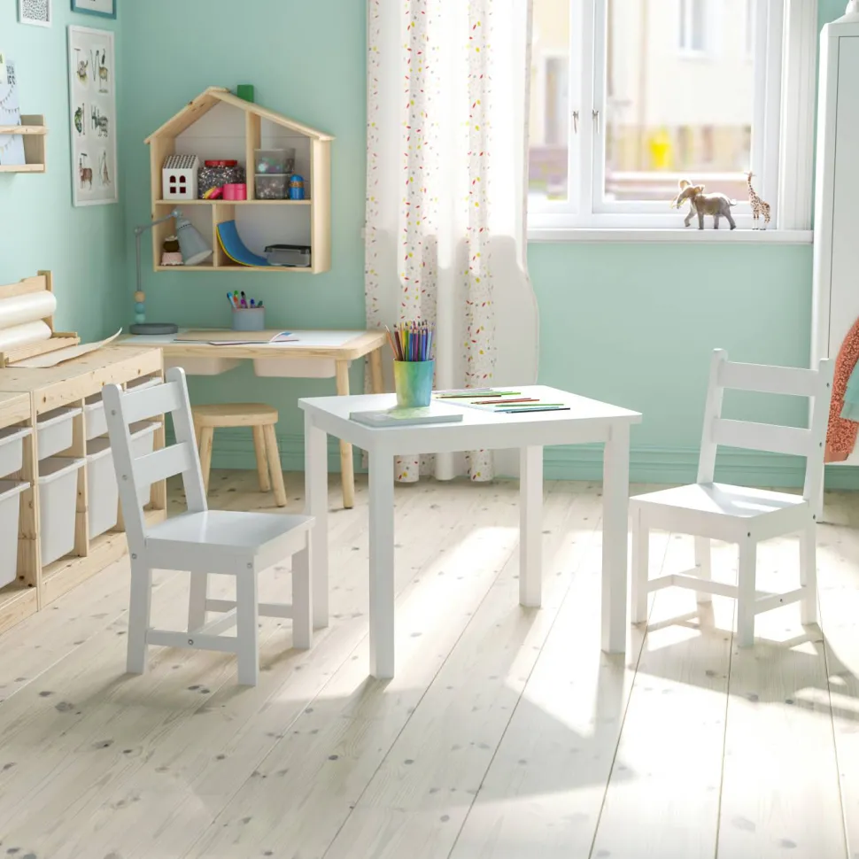 Kyndl Kids Solid Hardwood Table and Chair Set for Playroom, Bedroom, Kitchen - 3 Piece Set - White