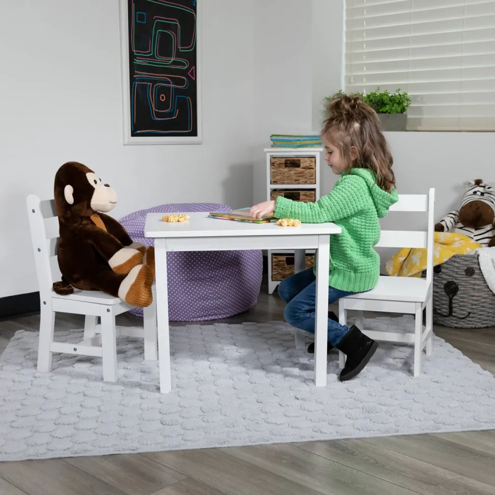 Kyndl Kids Solid Hardwood Table and Chair Set for Playroom, Bedroom, Kitchen - 3 Piece Set - White