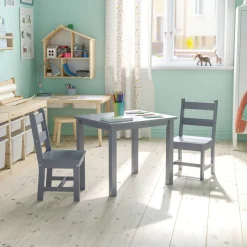 Kyndl Kids Solid Hardwood Table and Chair Set for Playroom, Bedroom, Kitchen - 3 Piece Set - Gray